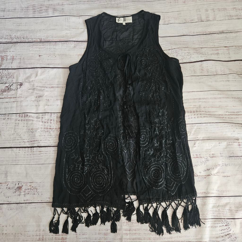 Vintage Sue Wong Black Sheer Beaded Tassel Tie Front Cardigan Womens Medium